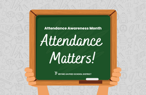 A chalkboard with the message 'Attendance Matters!' is held by two hands.